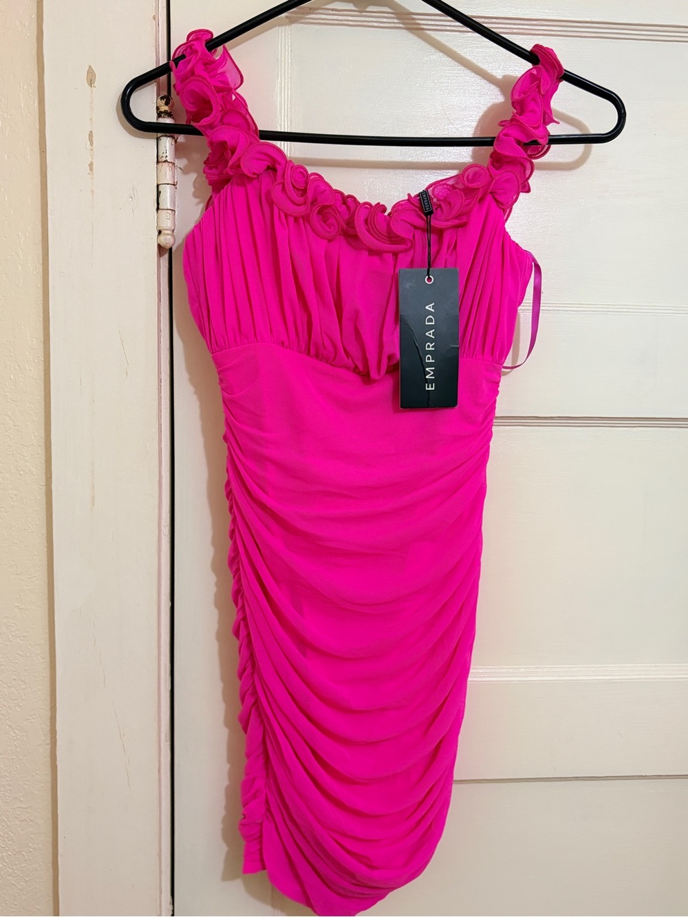 Emprada Hot Pink Ruched Ruffle Strap Mini Dress NWT